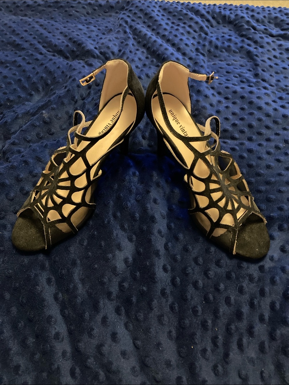 Unique Vintage Black Strappy spider web Cutout Heels